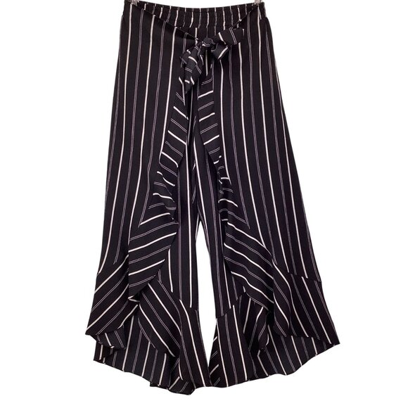 Aqua Wide Leg Pants Size Medium‎ Striped Ruffle Palazzo Tie Waist Black Ruffled - Picture 1 of 9